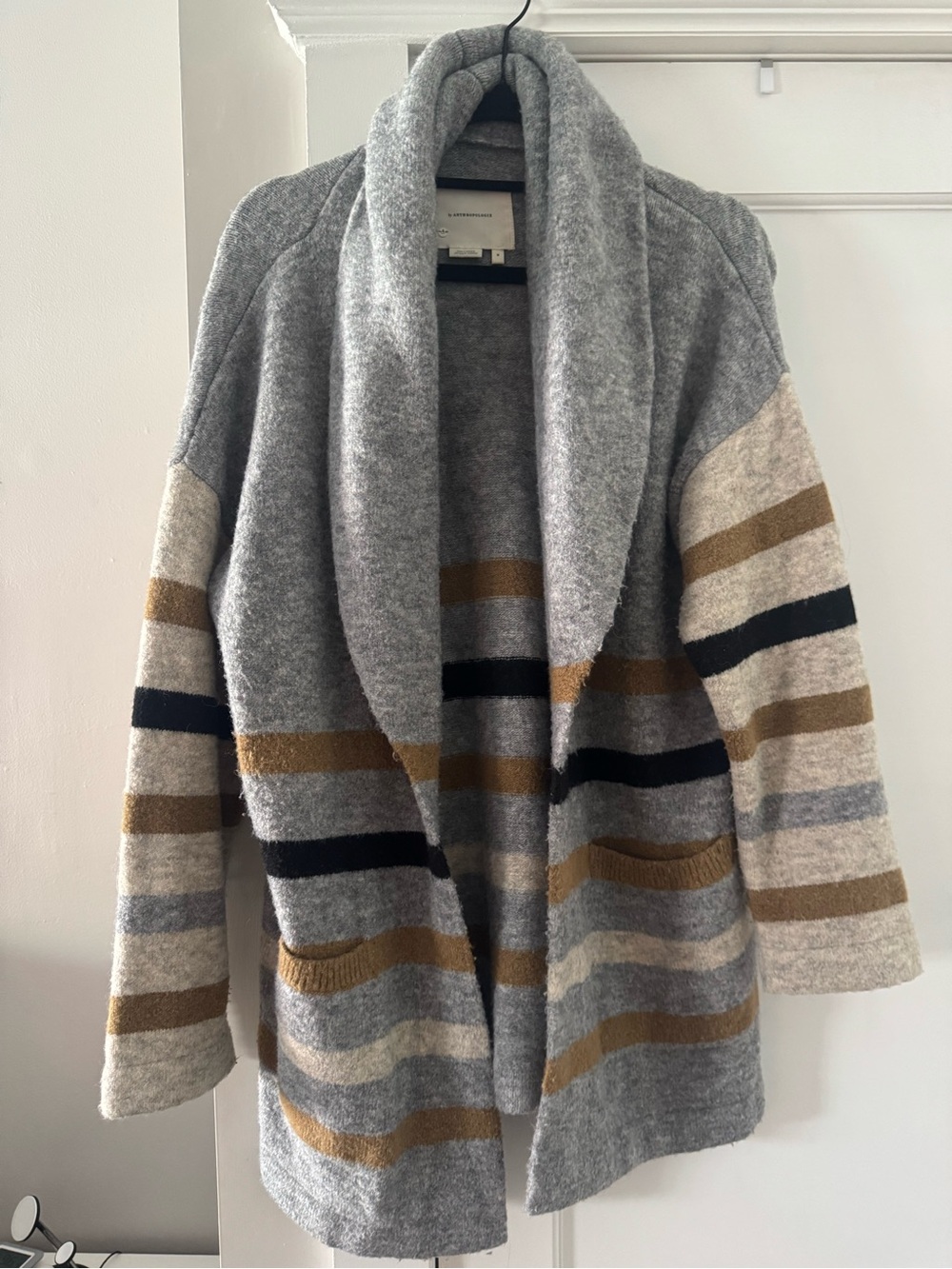 Anthropologie Gray Open-Front Striped Shawl Collar Cardigan